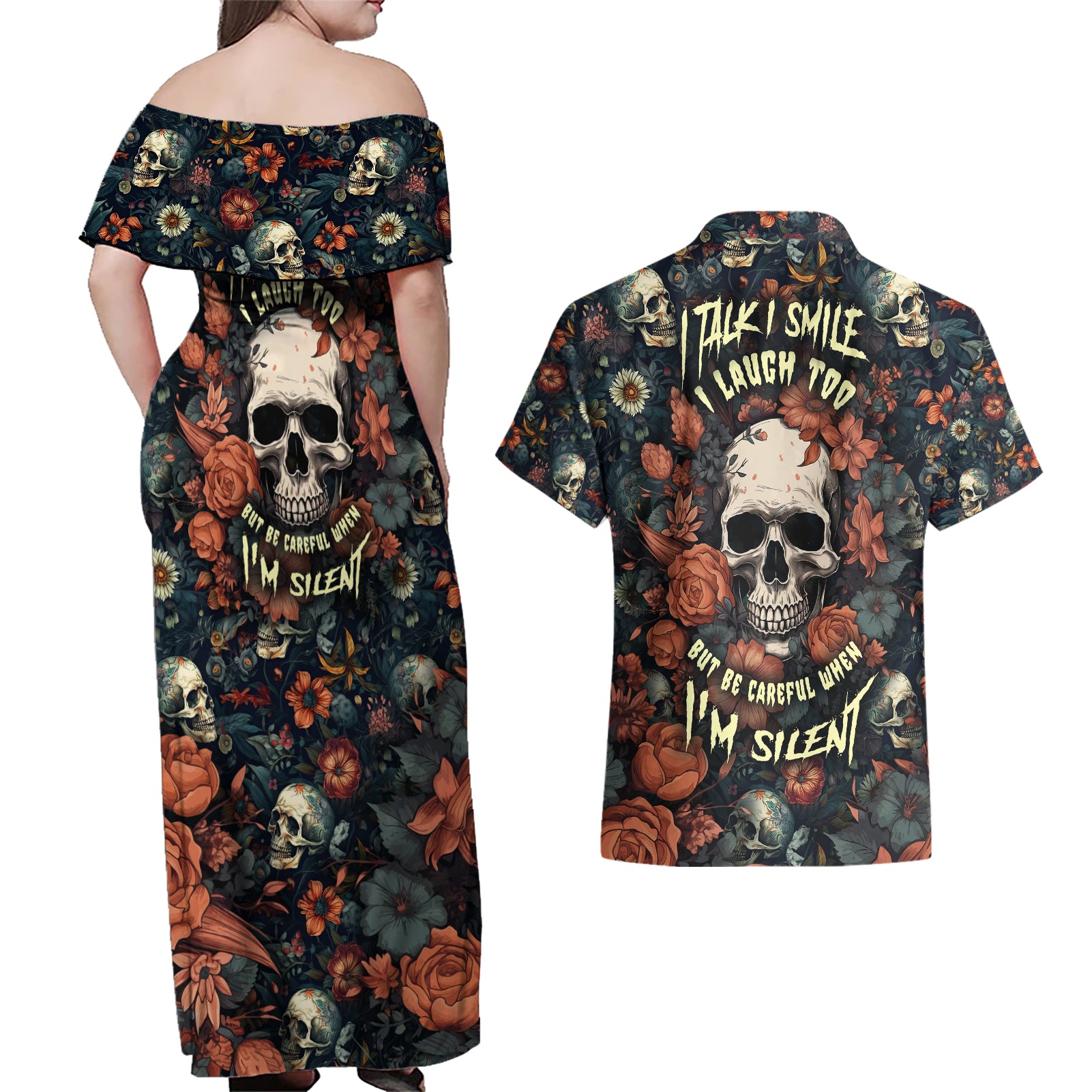 I Talk I Smile I Laugh Too But Be Care Ful When I'm Silent Couples Matching Off Shoulder Maxi Dress and Hawaiian Shirt - Wonder Print Shop