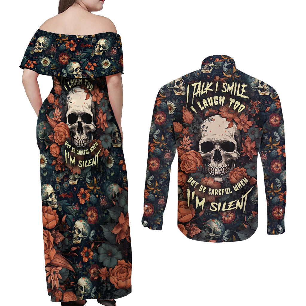 I Talk I Smile I Laugh Too But Be Care Ful When I'm Silent Couples Matching Off Shoulder Maxi Dress and Long Sleeve Button Shirts - Wonder Print Shop