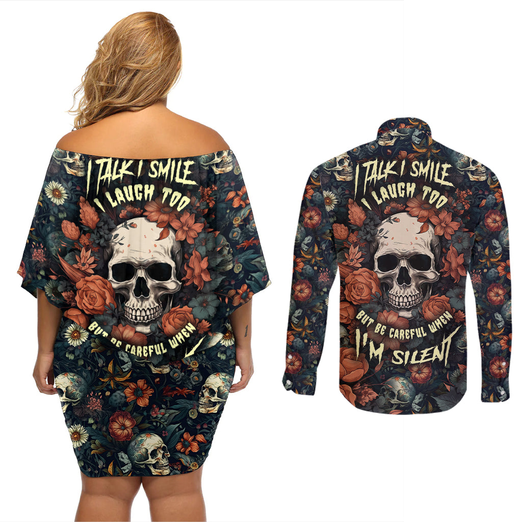 I Talk I Smile I Laugh Too But Be Care Ful When I'm Silent Couples Matching Off Shoulder Short Dress and Long Sleeve Button Shirts - Wonder Print Shop