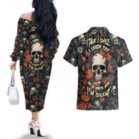 I Talk I Smile I Laugh Too But Be Care Ful When I'm Silent Couples Matching Off The Shoulder Long Sleeve Dress and Hawaiian Shirt - Wonder Print Shop
