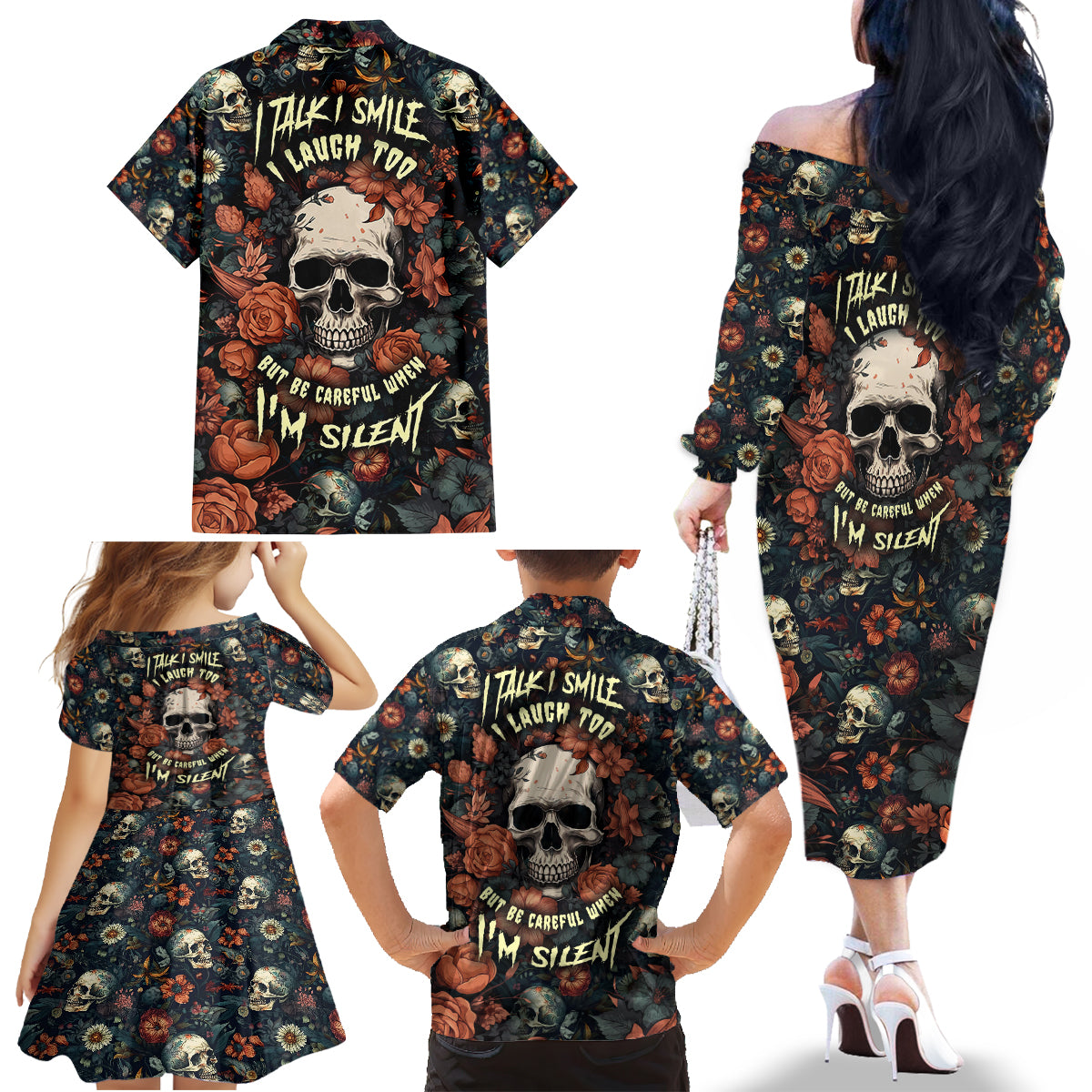 I Talk I Smile I Laugh Too But Be Care Ful When I'm Silent Family Matching Off Shoulder Long Sleeve Dress and Hawaiian Shirt - Wonder Print Shop