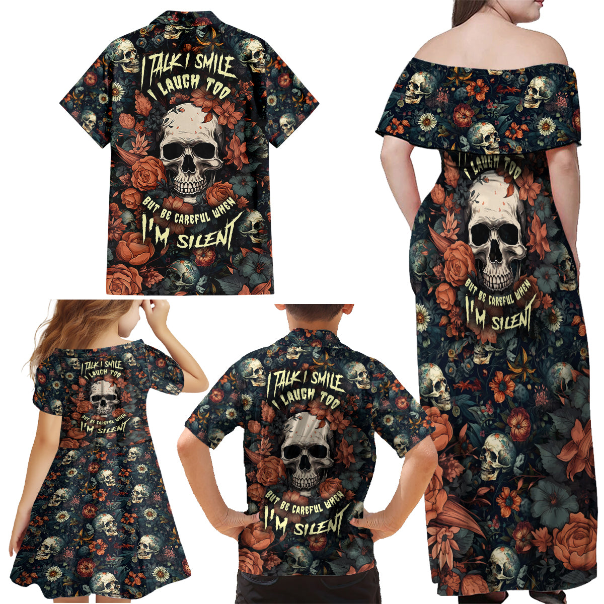 I Talk I Smile I Laugh Too But Be Care Ful When I'm Silent Family Matching Off Shoulder Maxi Dress and Hawaiian Shirt - Wonder Print Shop