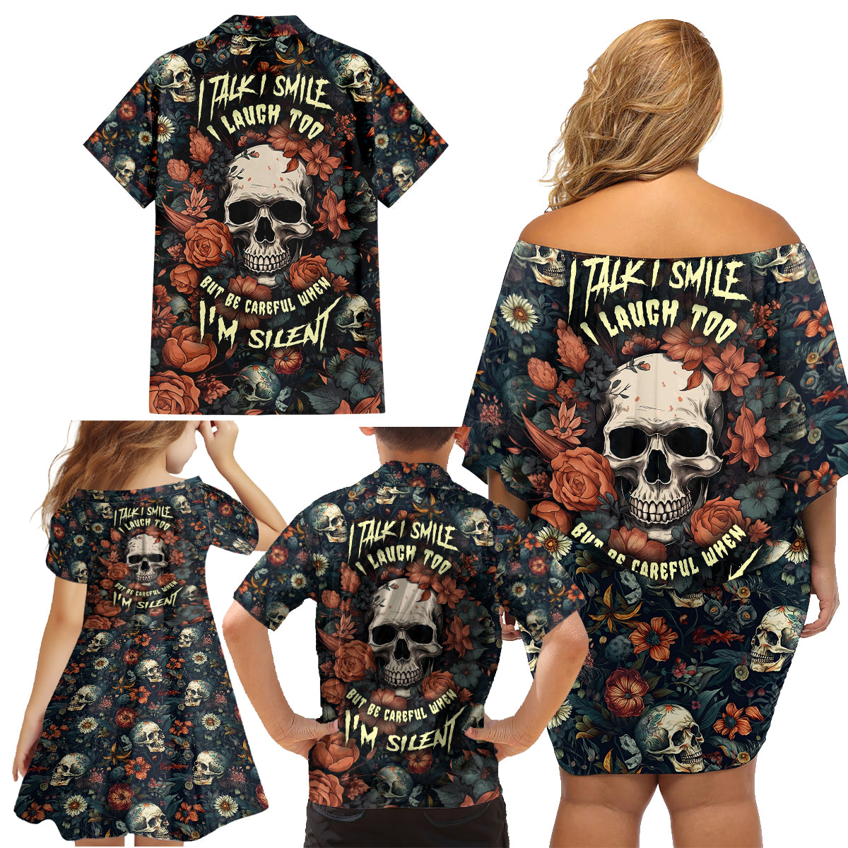 I Talk I Smile I Laugh Too But Be Care Ful When I'm Silent Family Matching Off Shoulder Short Dress and Hawaiian Shirt - Wonder Print Shop