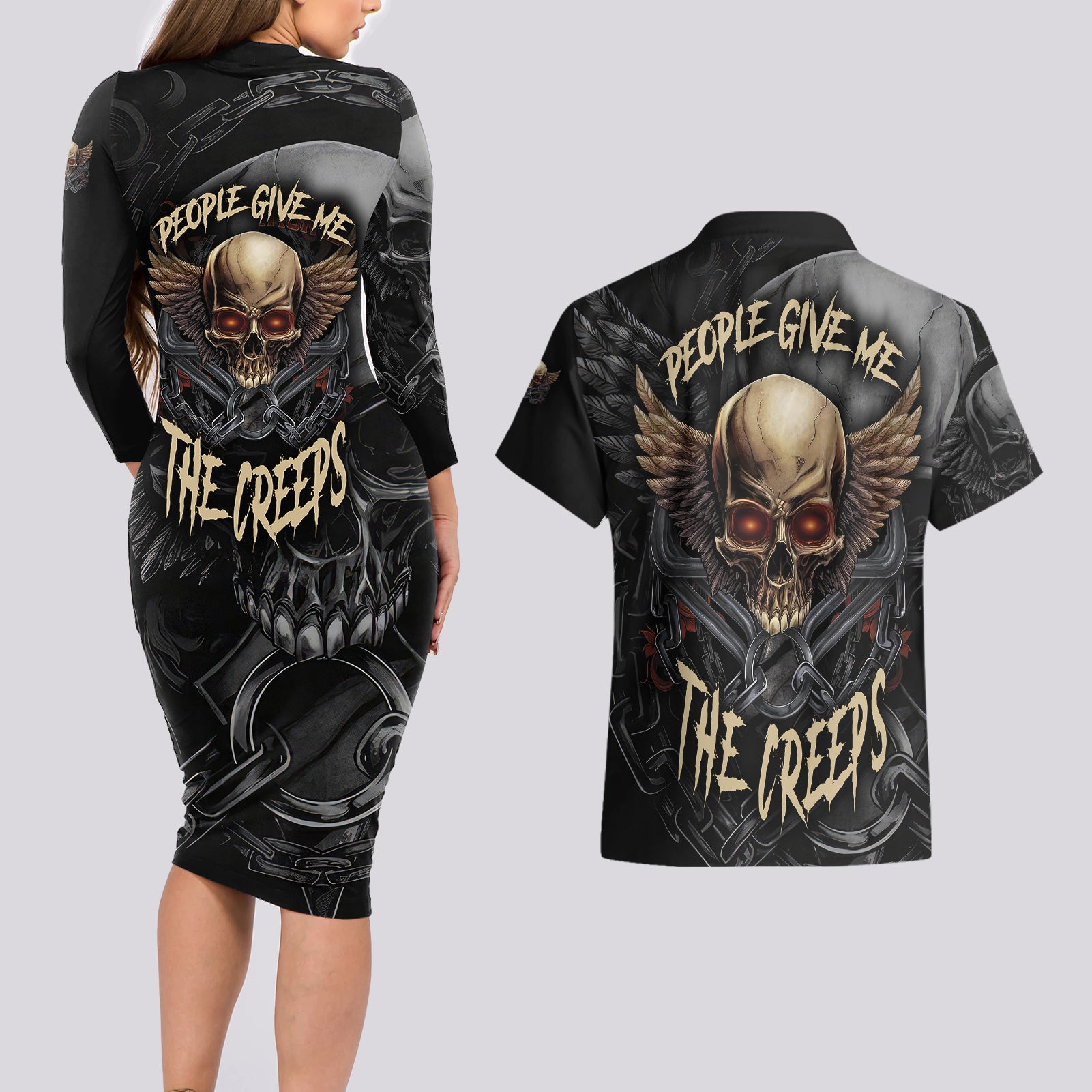 People Give Me The Creep Couples Matching Long Sleeve Bodycon Dress and Hawaiian Shirt - Wonder Print Shop