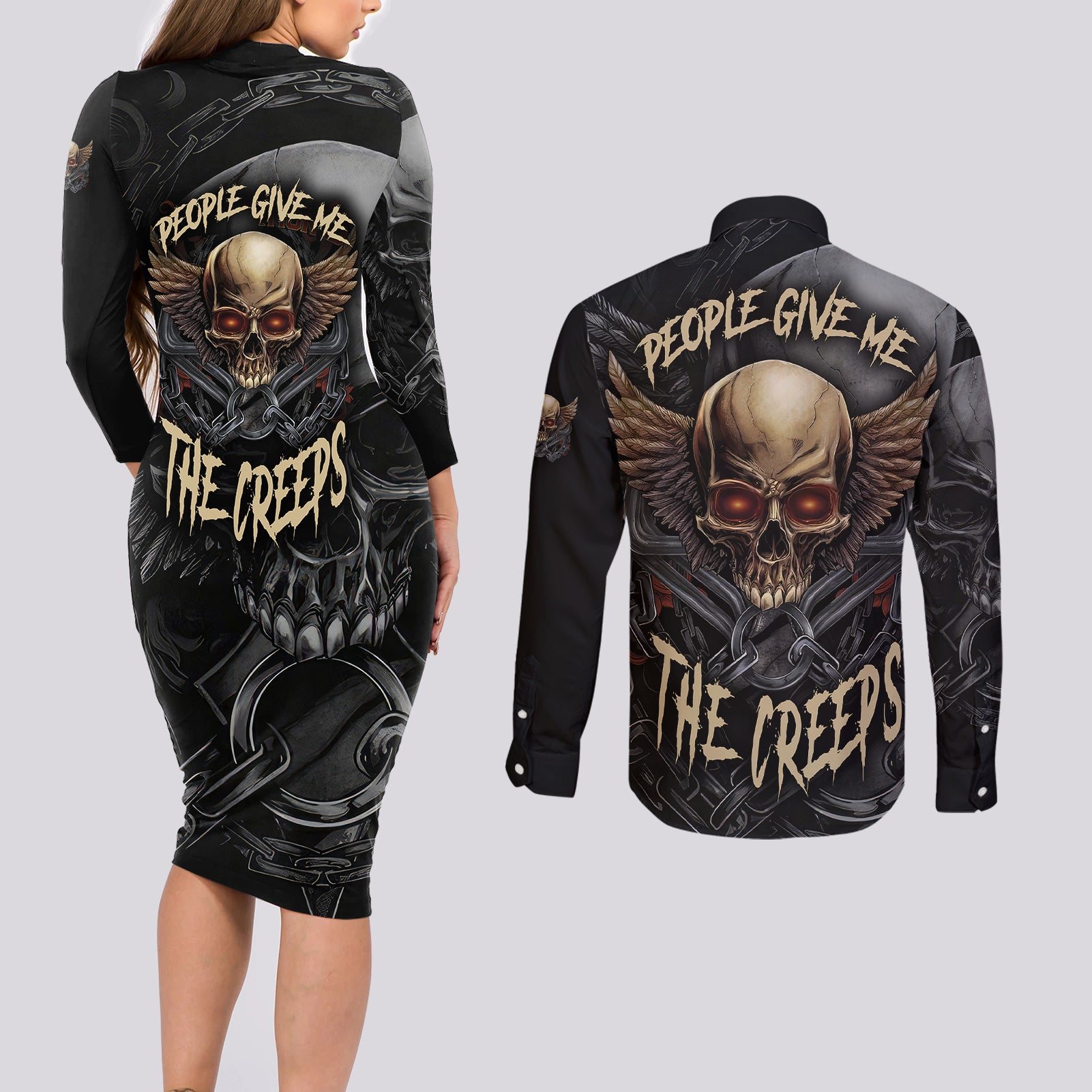 People Give Me The Creep Couples Matching Long Sleeve Bodycon Dress and Long Sleeve Button Shirts - Wonder Print Shop