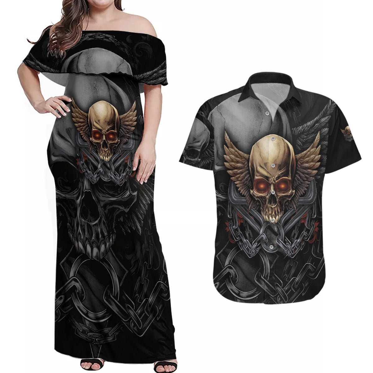 People Give Me The Creep Couples Matching Off Shoulder Maxi Dress and Hawaiian Shirt - Wonder Print Shop