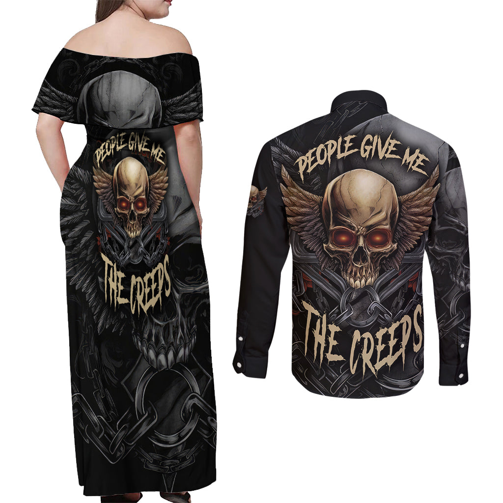 People Give Me The Creep Couples Matching Off Shoulder Maxi Dress and Long Sleeve Button Shirts - Wonder Print Shop