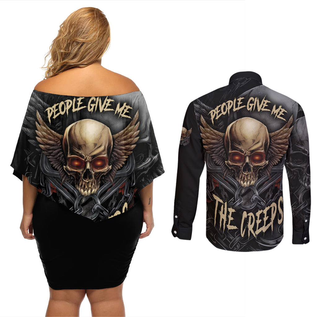 People Give Me The Creep Couples Matching Off Shoulder Short Dress and Long Sleeve Button Shirts - Wonder Print Shop