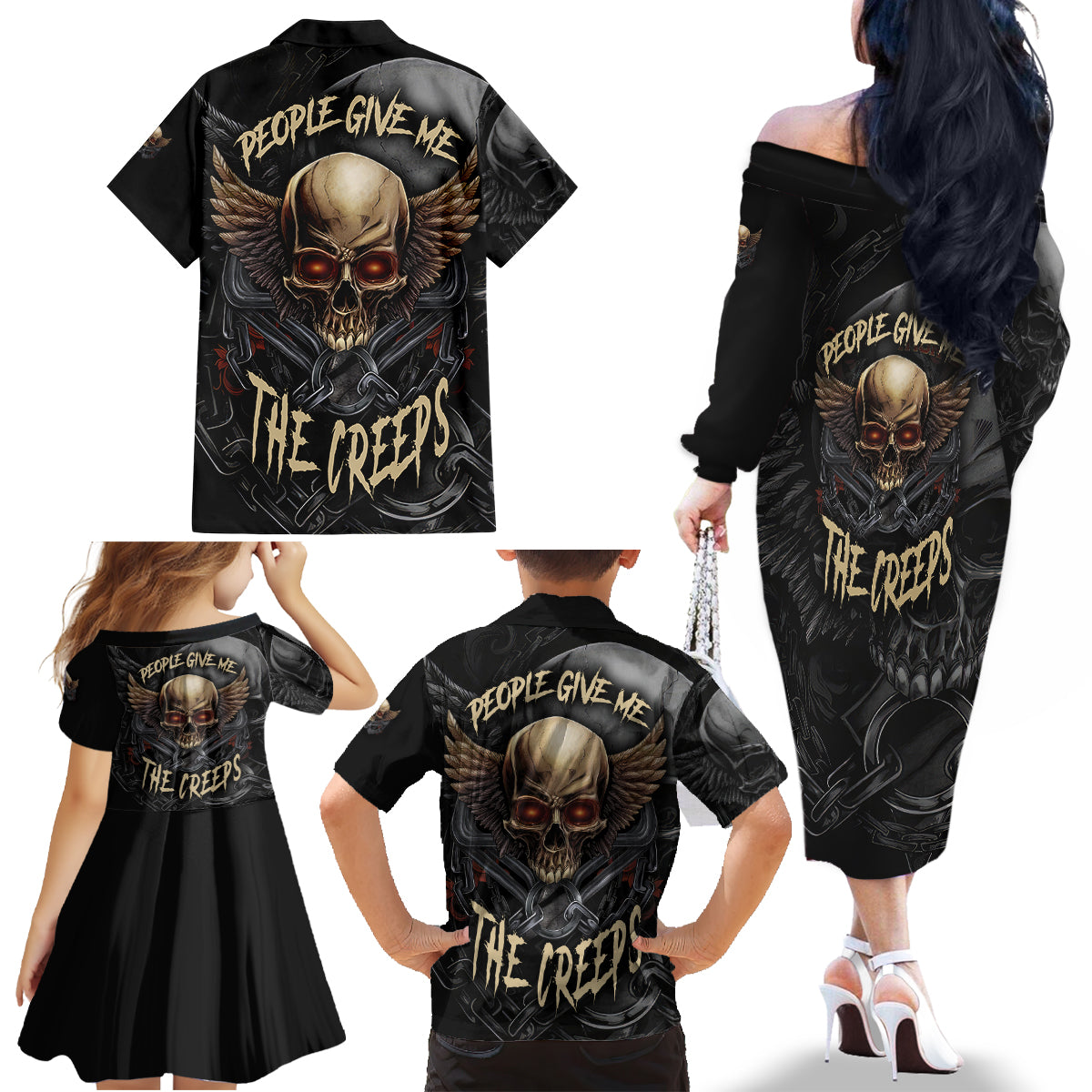 People Give Me The Creep Family Matching Off Shoulder Long Sleeve Dress and Hawaiian Shirt - Wonder Print Shop