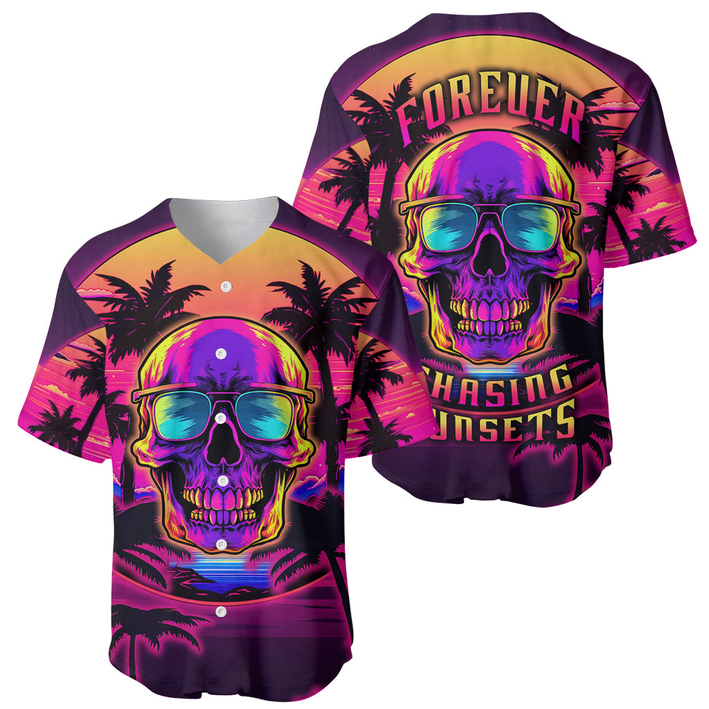 Foreuer Chasing Sunsets Skull Baseball Jersey - Wonder Print Shop