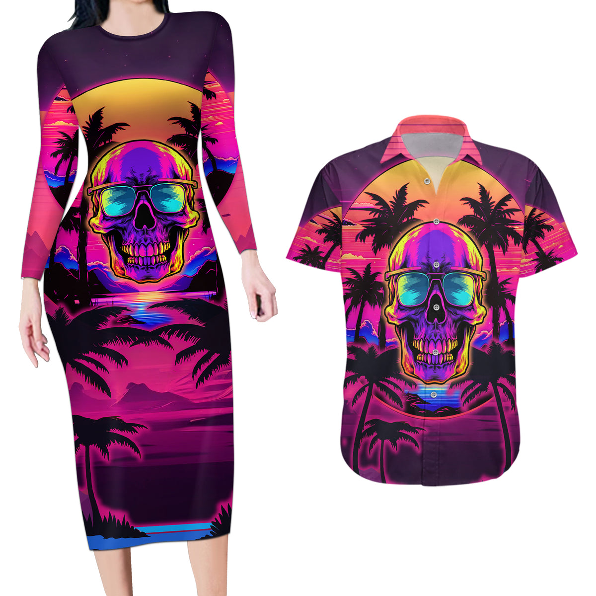 Foreuer Chasing Sunsets Skull Couples Matching Long Sleeve Bodycon Dress and Hawaiian Shirt - Wonder Print Shop