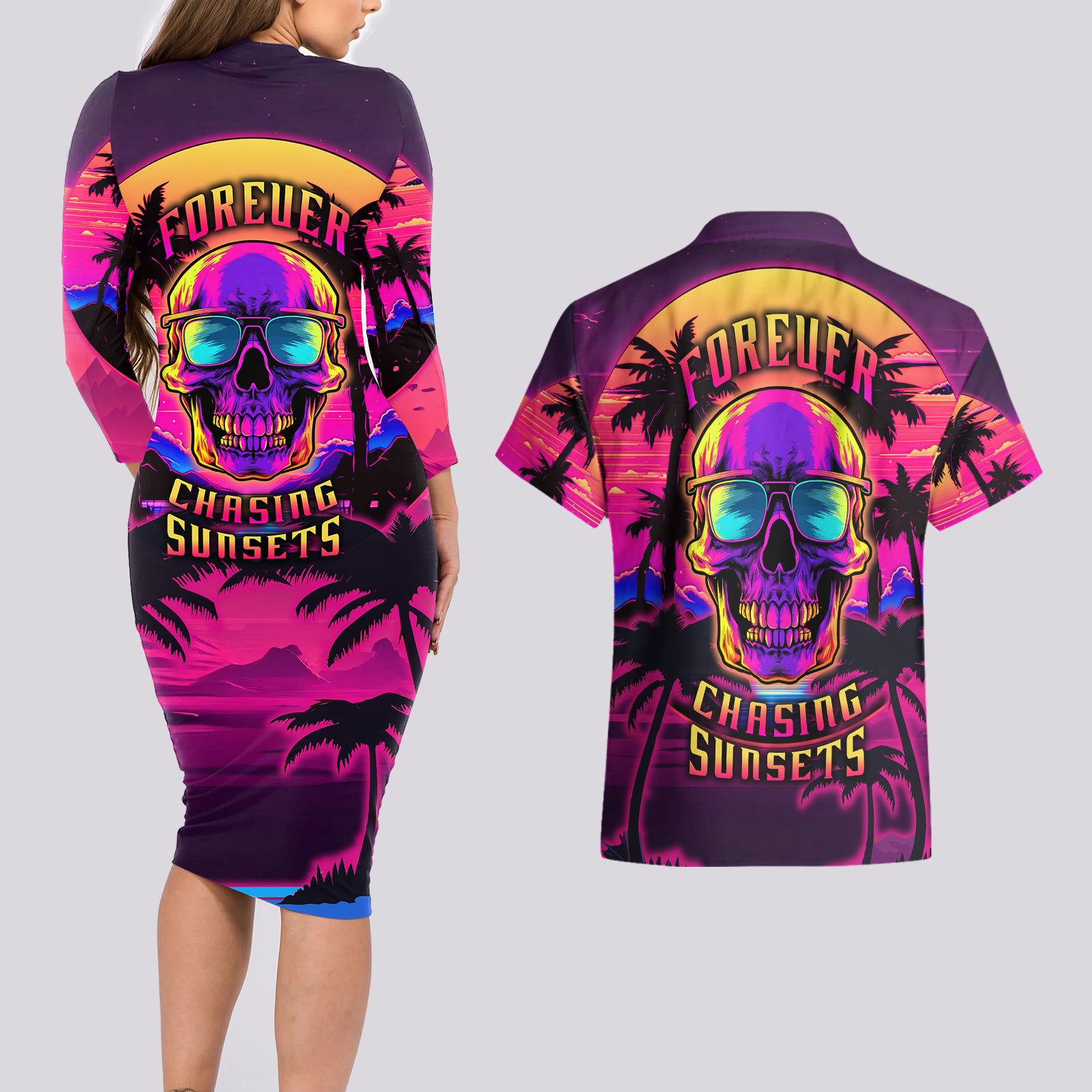 Foreuer Chasing Sunsets Skull Couples Matching Long Sleeve Bodycon Dress and Hawaiian Shirt - Wonder Print Shop