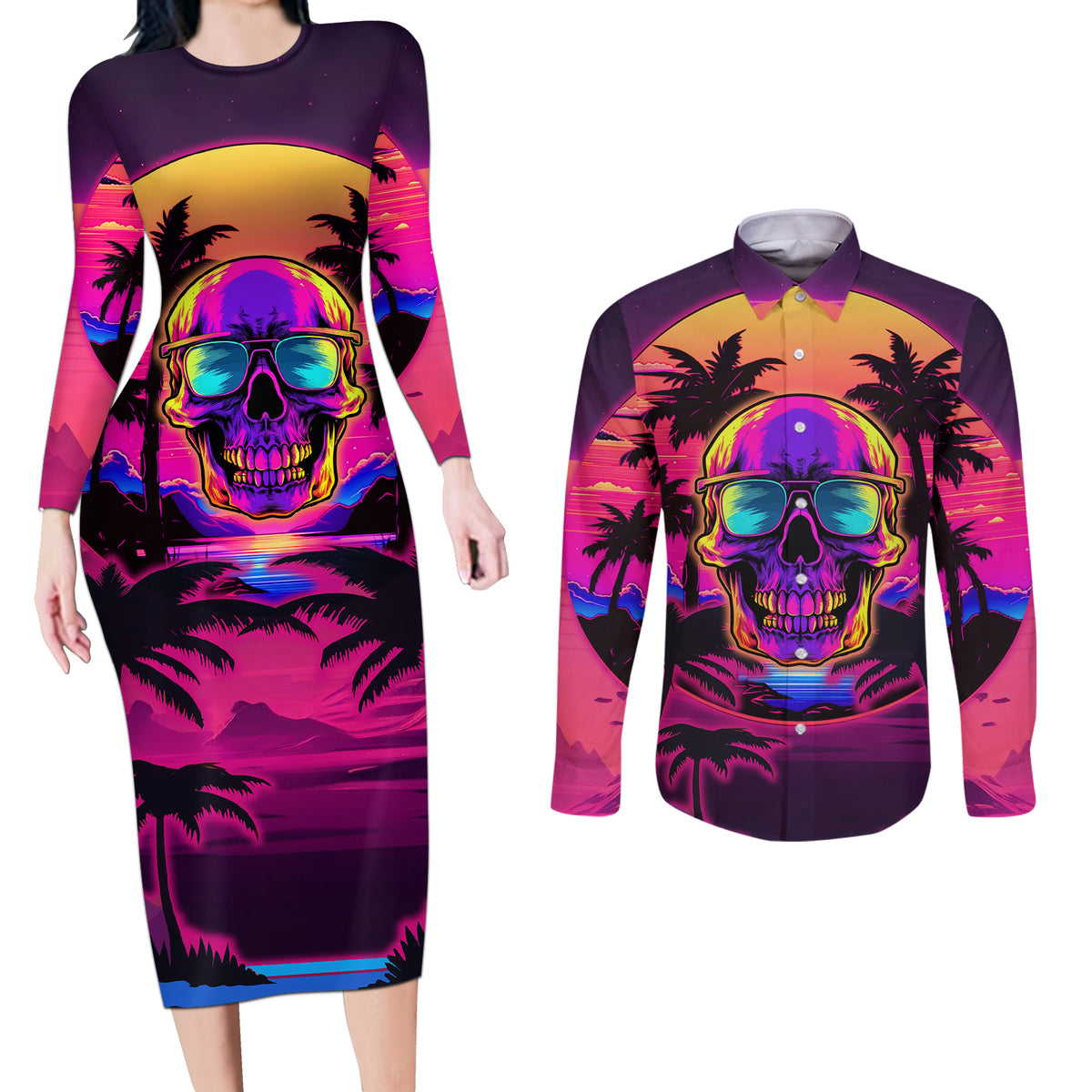 Foreuer Chasing Sunsets Skull Couples Matching Long Sleeve Bodycon Dress and Long Sleeve Button Shirts - Wonder Print Shop