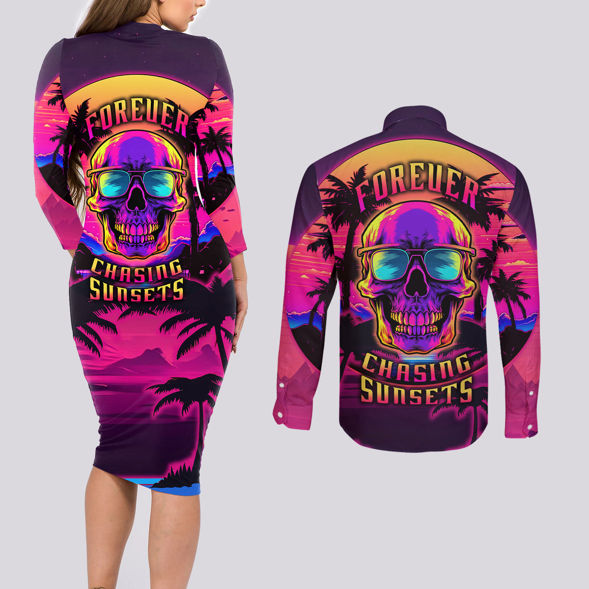 Foreuer Chasing Sunsets Skull Couples Matching Long Sleeve Bodycon Dress and Long Sleeve Button Shirts - Wonder Print Shop