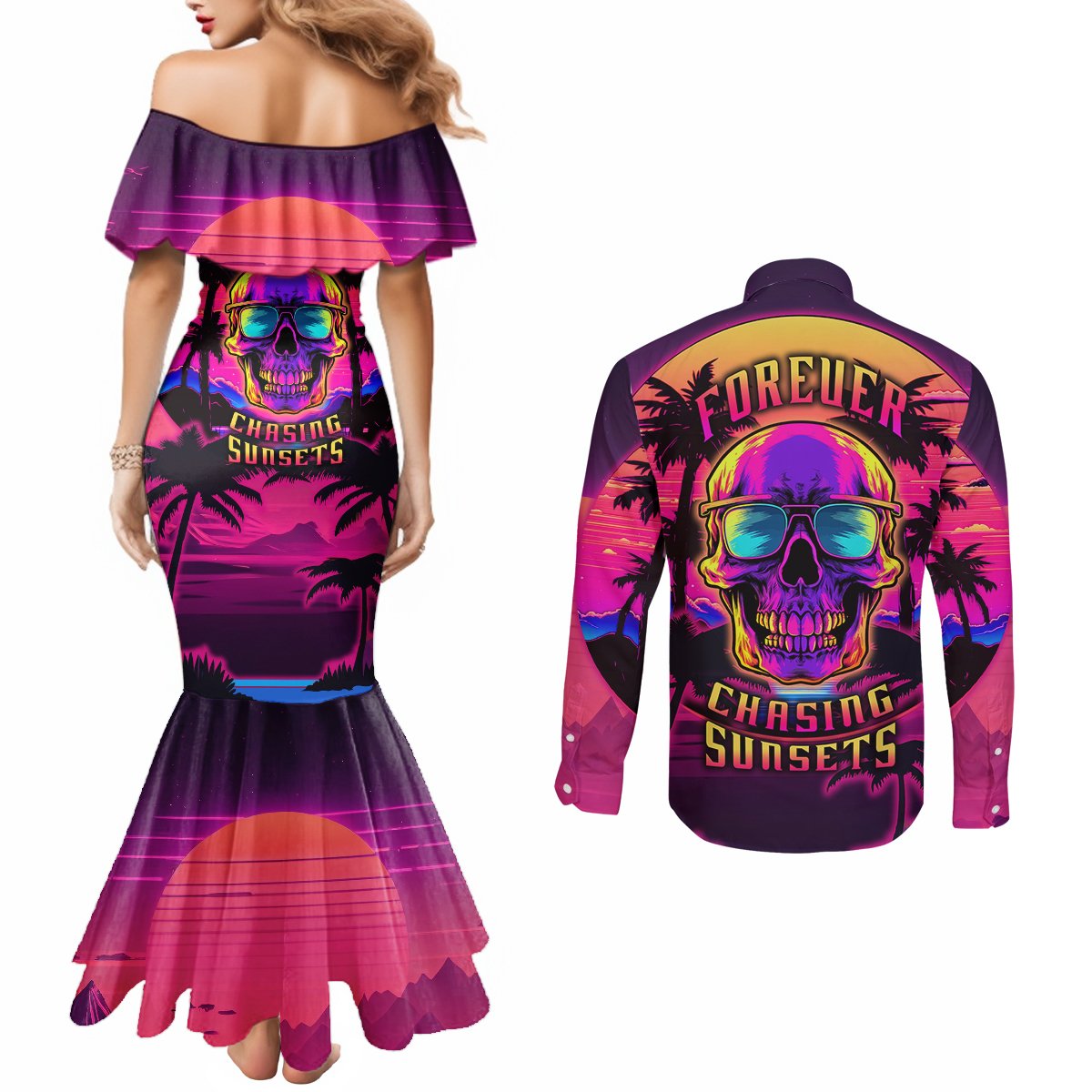 foreuer-chasing-sunsets-skull-couples-matching-mermaid-dress-and-long-sleeve-button-shirts