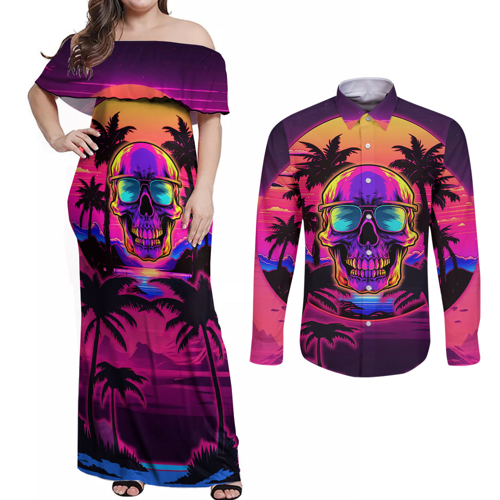 Foreuer Chasing Sunsets Skull Couples Matching Off Shoulder Maxi Dress and Long Sleeve Button Shirts - Wonder Print Shop