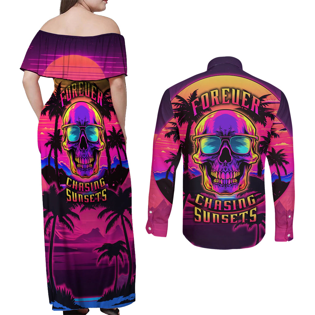Foreuer Chasing Sunsets Skull Couples Matching Off Shoulder Maxi Dress and Long Sleeve Button Shirts - Wonder Print Shop