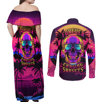 Foreuer Chasing Sunsets Skull Couples Matching Off Shoulder Maxi Dress and Long Sleeve Button Shirts - Wonder Print Shop