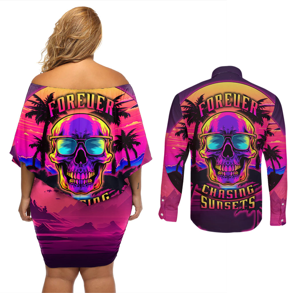 Foreuer Chasing Sunsets Skull Couples Matching Off Shoulder Short Dress and Long Sleeve Button Shirts - Wonder Print Shop