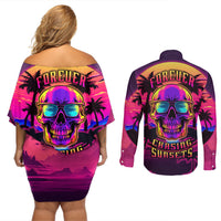 Foreuer Chasing Sunsets Skull Couples Matching Off Shoulder Short Dress and Long Sleeve Button Shirts - Wonder Print Shop