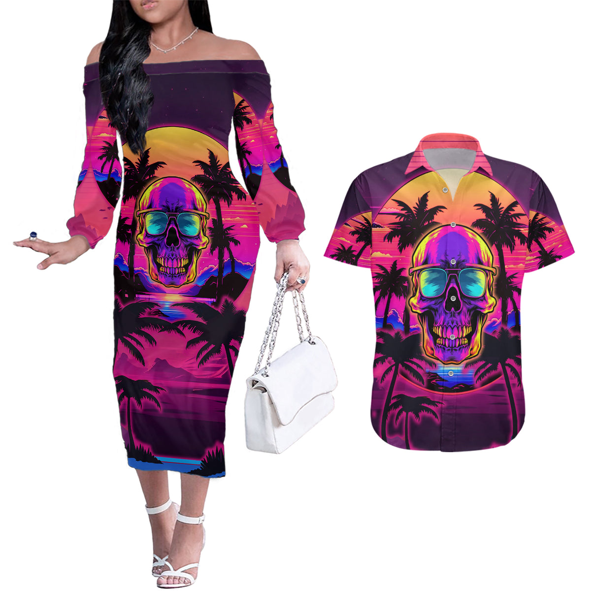 Foreuer Chasing Sunsets Skull Couples Matching Off The Shoulder Long Sleeve Dress and Hawaiian Shirt - Wonder Print Shop