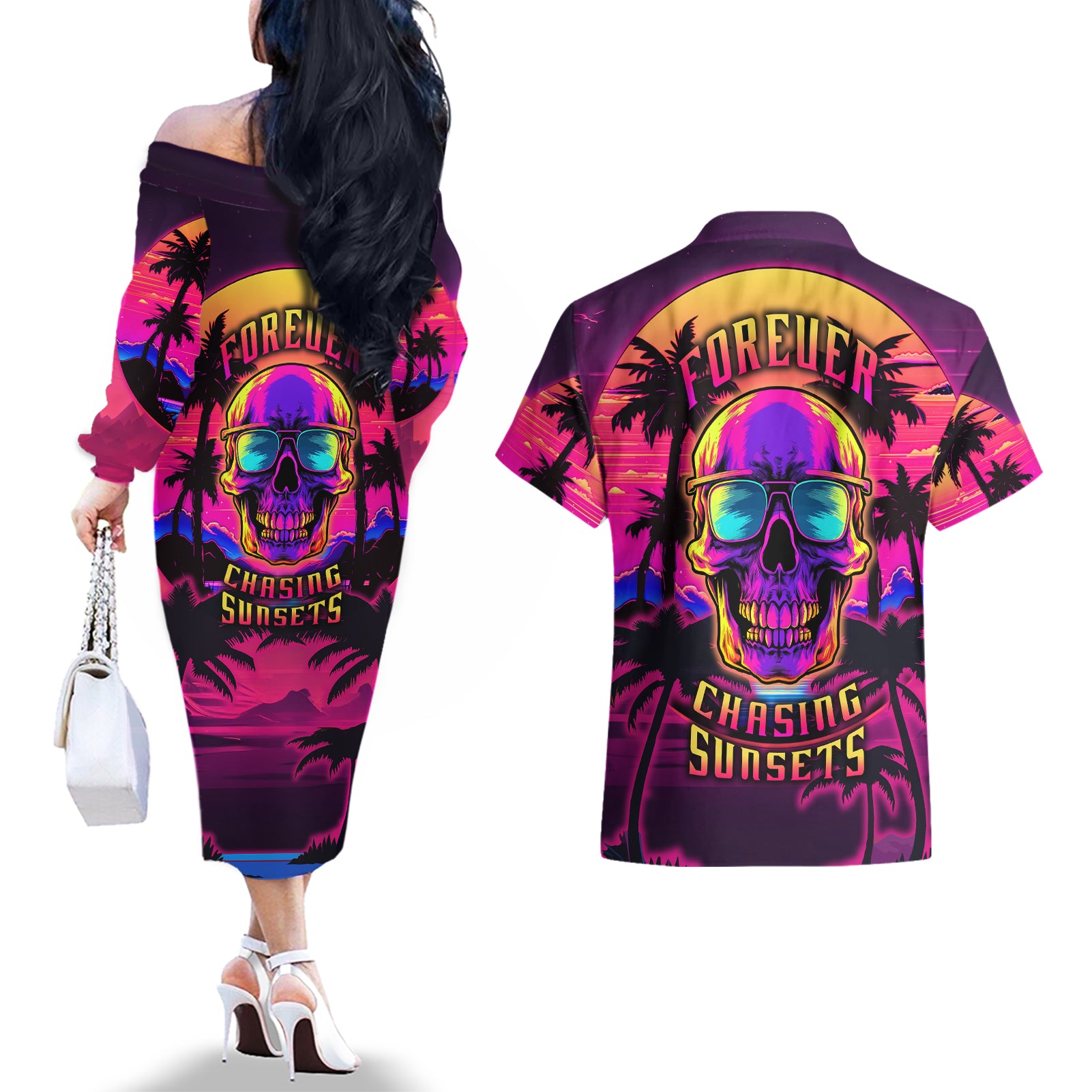 Foreuer Chasing Sunsets Skull Couples Matching Off The Shoulder Long Sleeve Dress and Hawaiian Shirt - Wonder Print Shop