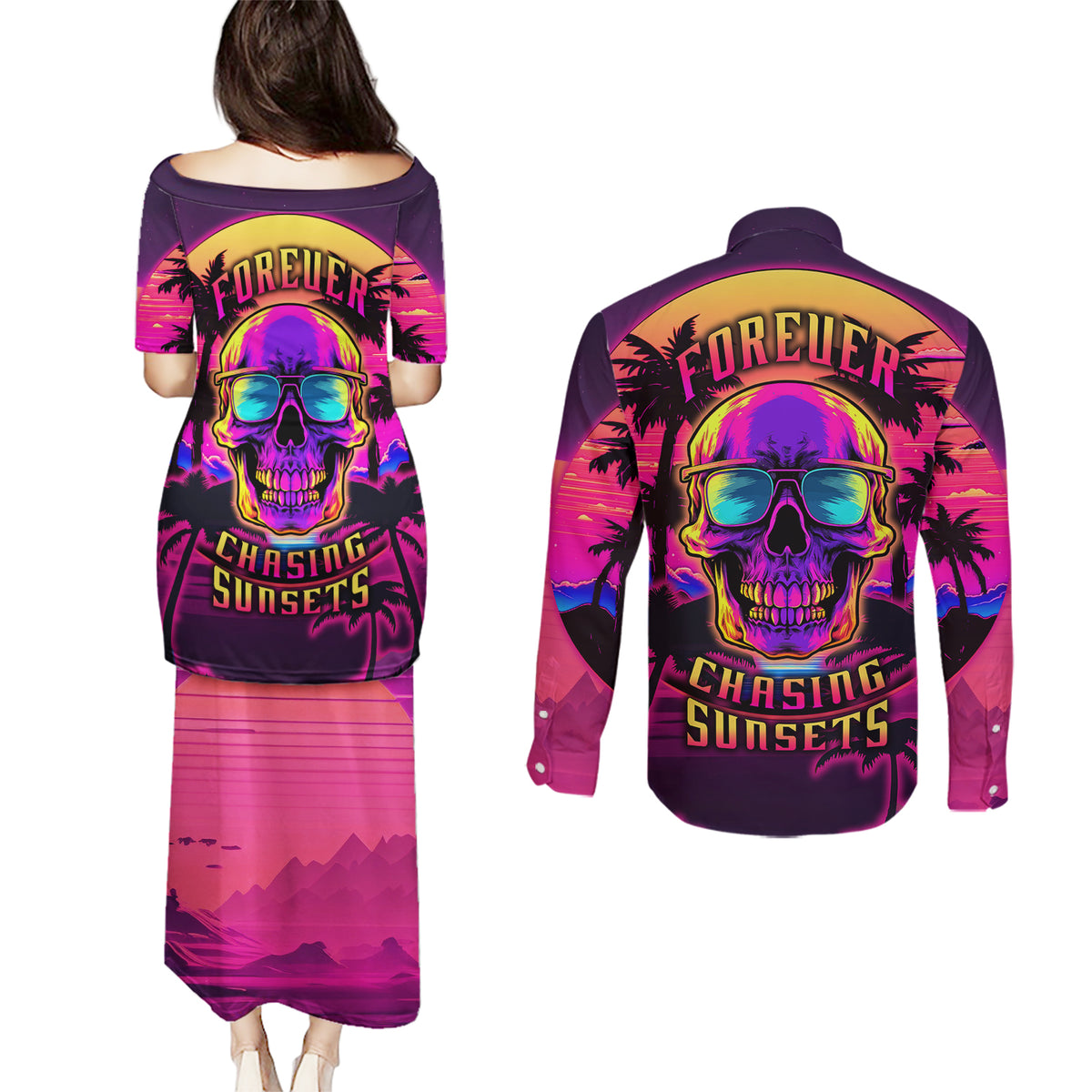 Foreuer Chasing Sunsets Skull Couples Matching Puletasi Dress and Long Sleeve Button Shirts - Wonder Print Shop