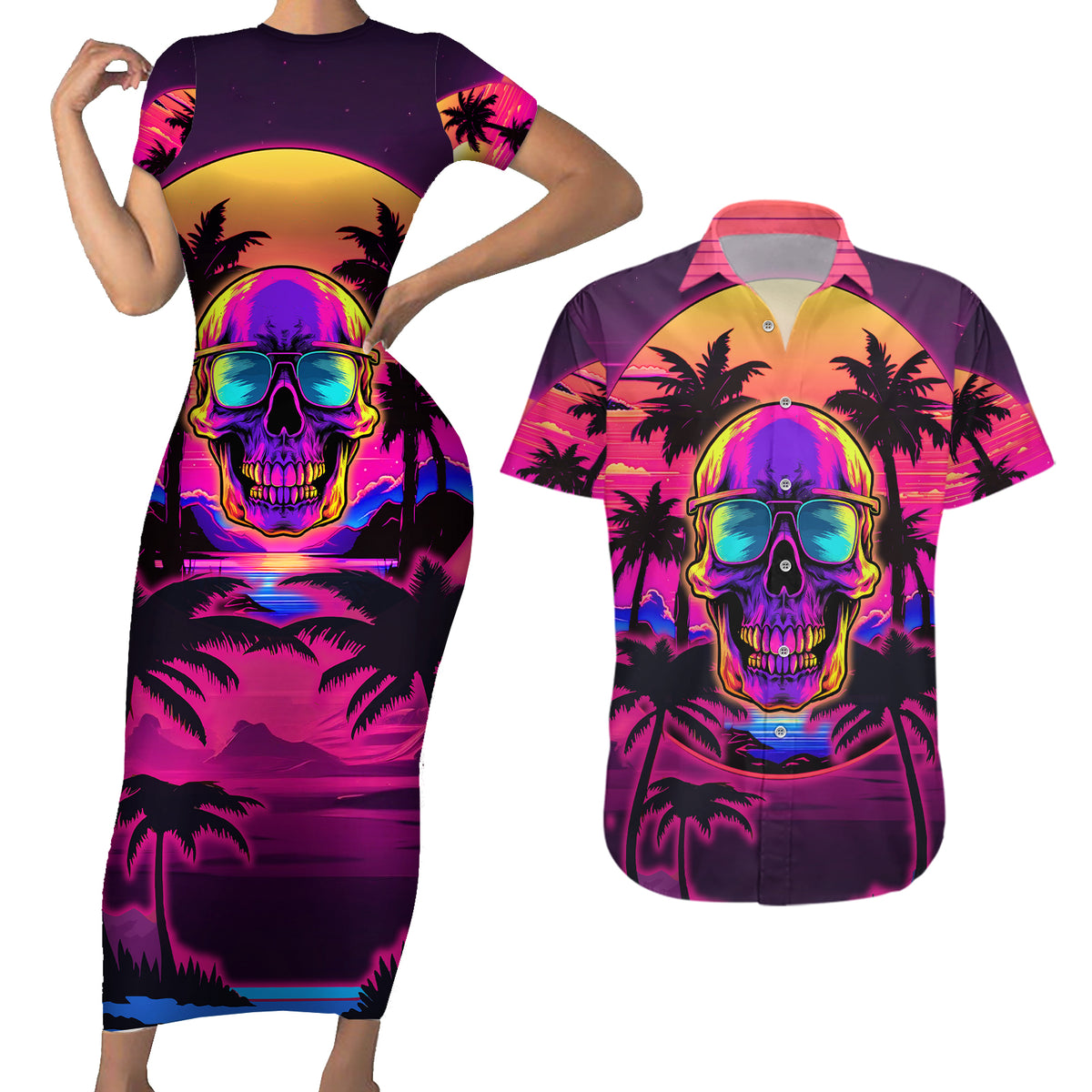 Foreuer Chasing Sunsets Skull Couples Matching Short Sleeve Bodycon Dress and Hawaiian Shirt - Wonder Print Shop