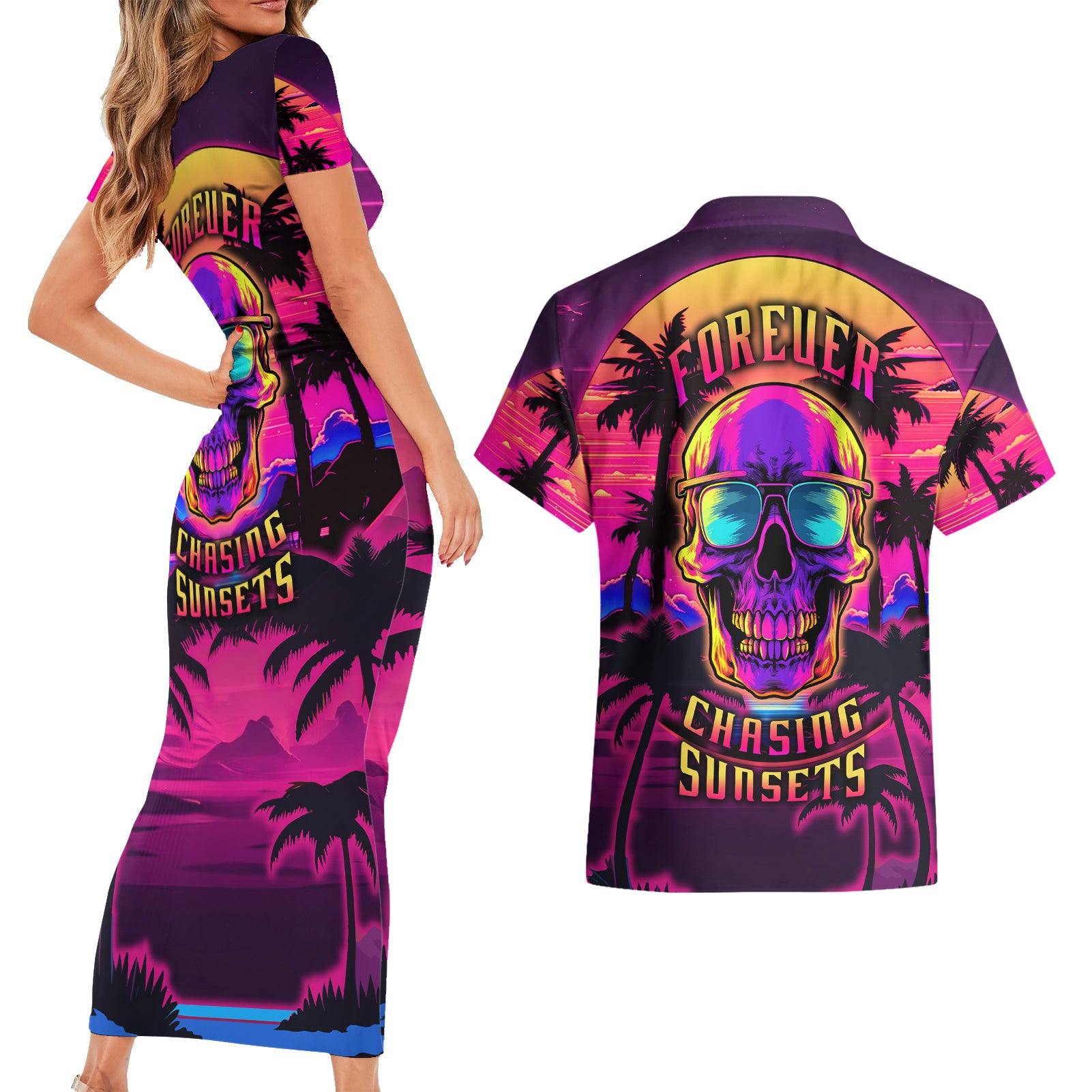 Foreuer Chasing Sunsets Skull Couples Matching Short Sleeve Bodycon Dress and Hawaiian Shirt - Wonder Print Shop