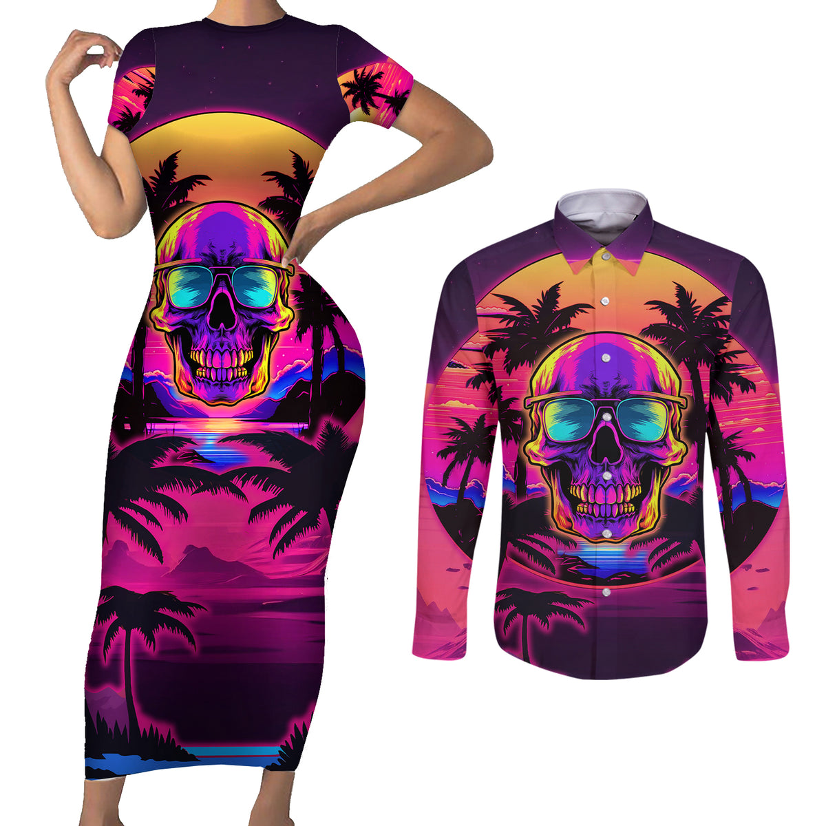 Foreuer Chasing Sunsets Skull Couples Matching Short Sleeve Bodycon Dress and Long Sleeve Button Shirts - Wonder Print Shop