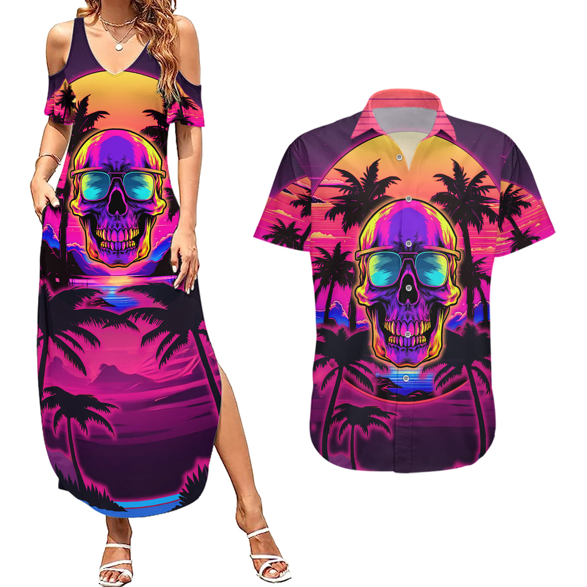 Foreuer Chasing Sunsets Skull Couples Matching Summer Maxi Dress and Hawaiian Shirt - Wonder Print Shop
