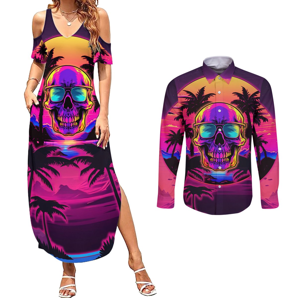 Foreuer Chasing Sunsets Skull Couples Matching Summer Maxi Dress and Long Sleeve Button Shirts - Wonder Print Shop