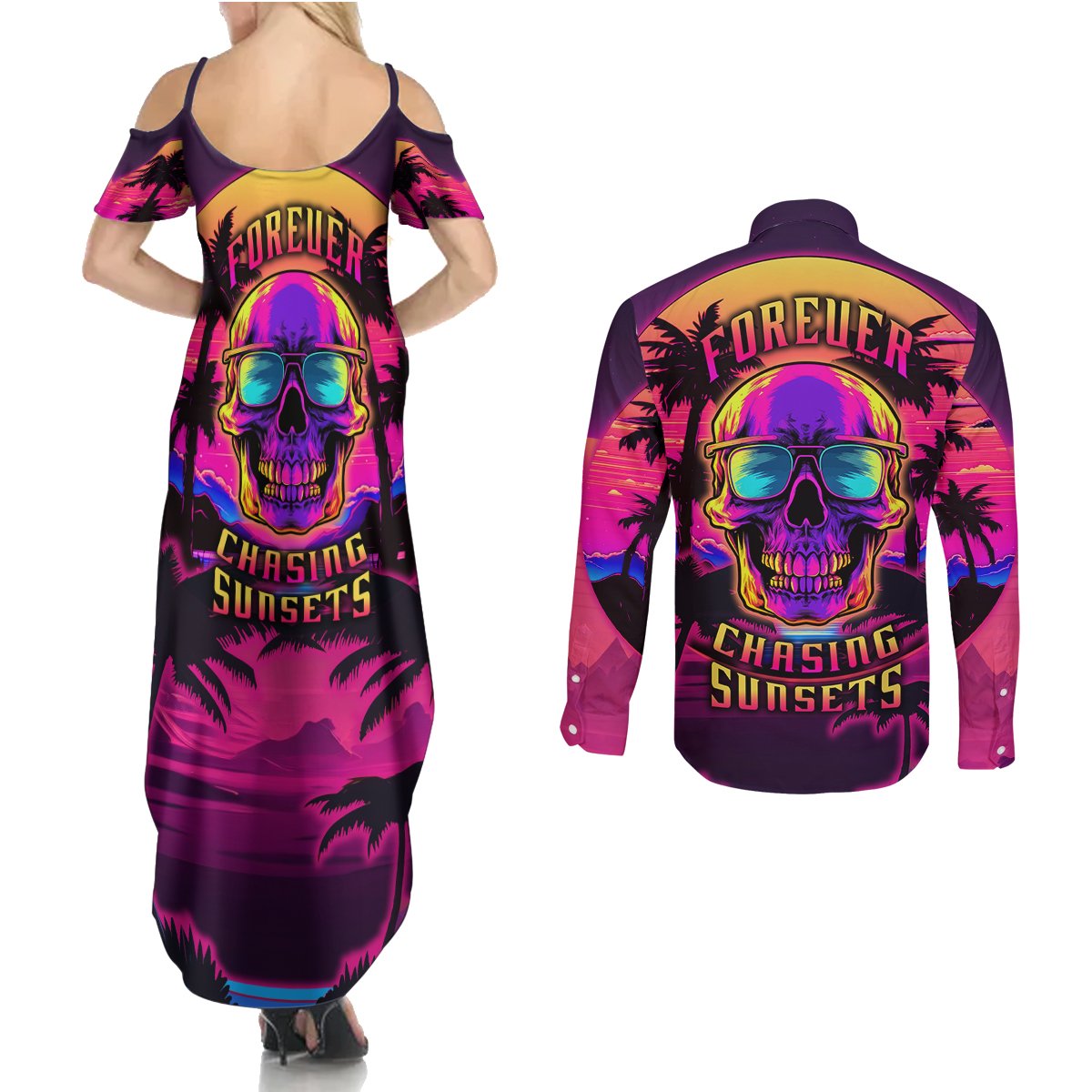 Foreuer Chasing Sunsets Skull Couples Matching Summer Maxi Dress and Long Sleeve Button Shirts - Wonder Print Shop