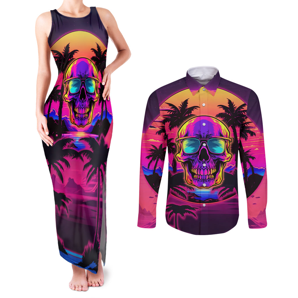 Foreuer Chasing Sunsets Skull Couples Matching Tank Maxi Dress and Long Sleeve Button Shirts - Wonder Print Shop