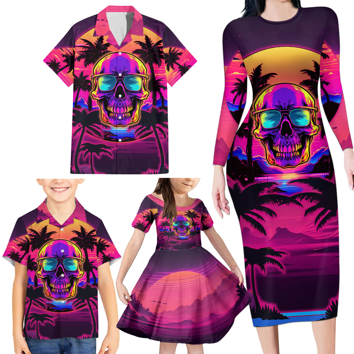 Foreuer Chasing Sunsets Skull Family Matching Long Sleeve Bodycon Dress and Hawaiian Shirt - Wonder Print Shop