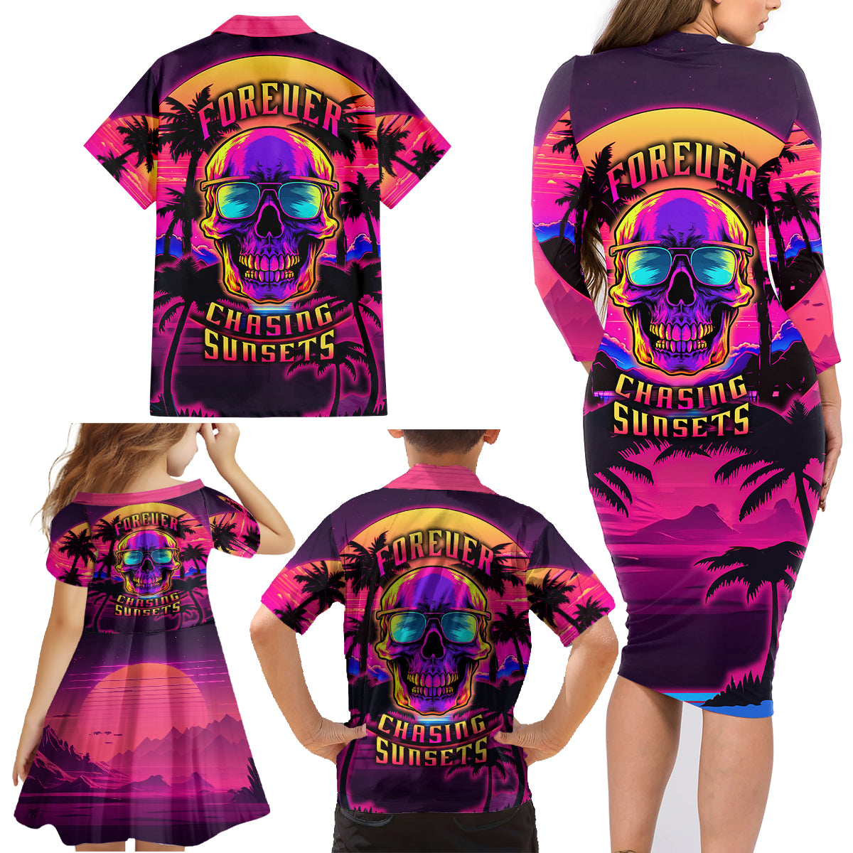 Foreuer Chasing Sunsets Skull Family Matching Long Sleeve Bodycon Dress and Hawaiian Shirt - Wonder Print Shop