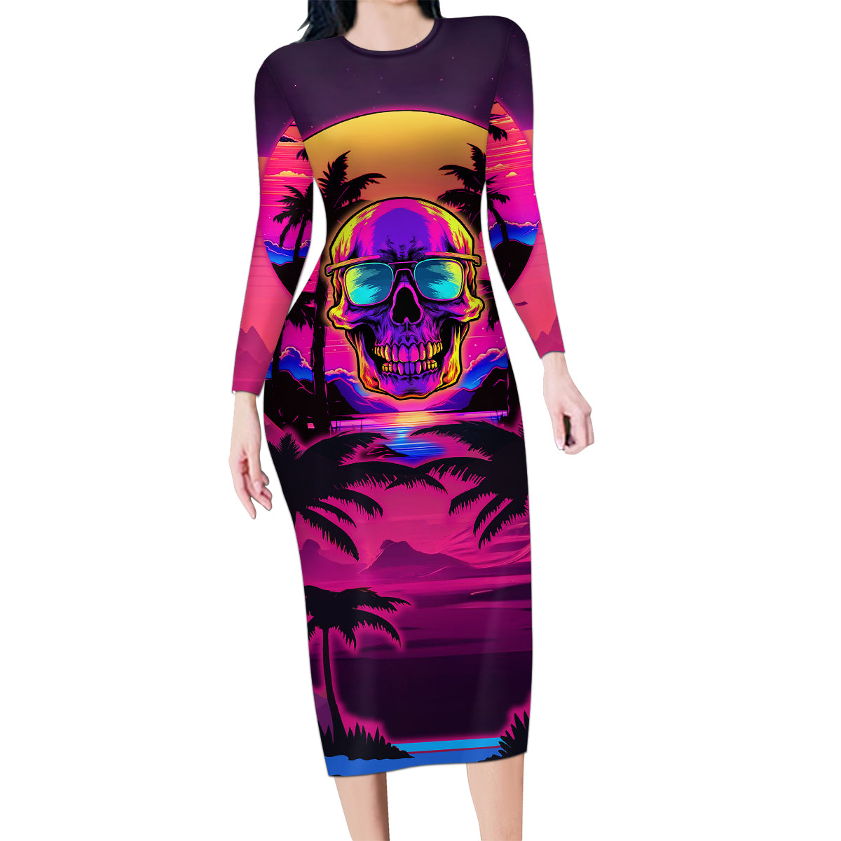 Foreuer Chasing Sunsets Skull Family Matching Long Sleeve Bodycon Dress and Hawaiian Shirt - Wonder Print Shop