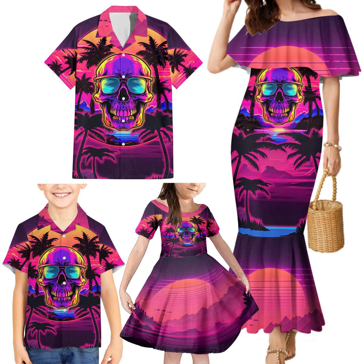 Foreuer Chasing Sunsets Skull Family Matching Mermaid Dress and Hawaiian Shirt - Wonder Print Shop