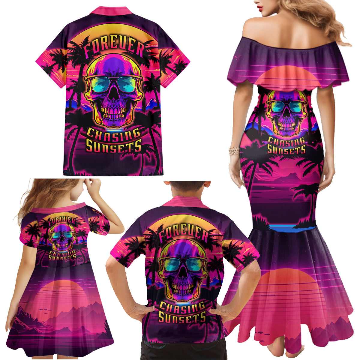 Foreuer Chasing Sunsets Skull Family Matching Mermaid Dress and Hawaiian Shirt - Wonder Print Shop