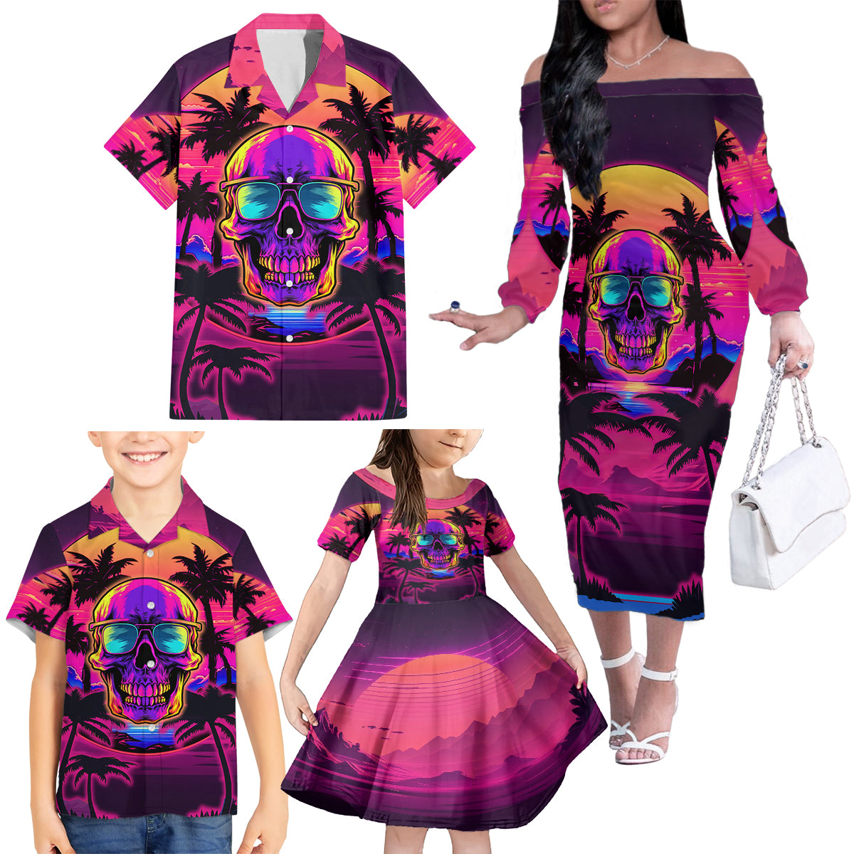 Foreuer Chasing Sunsets Skull Family Matching Off Shoulder Long Sleeve Dress and Hawaiian Shirt - Wonder Print Shop