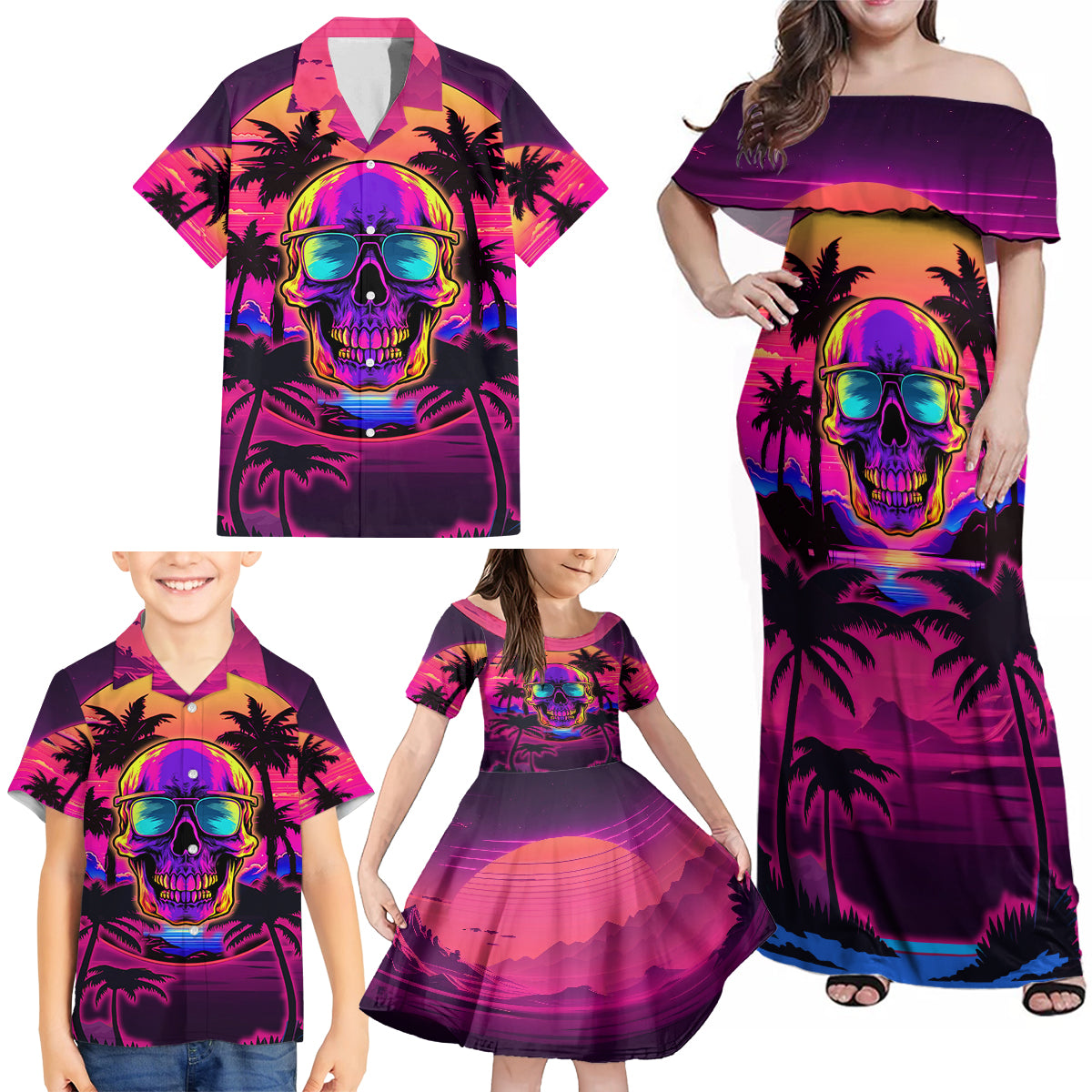Foreuer Chasing Sunsets Skull Family Matching Off Shoulder Maxi Dress and Hawaiian Shirt - Wonder Print Shop