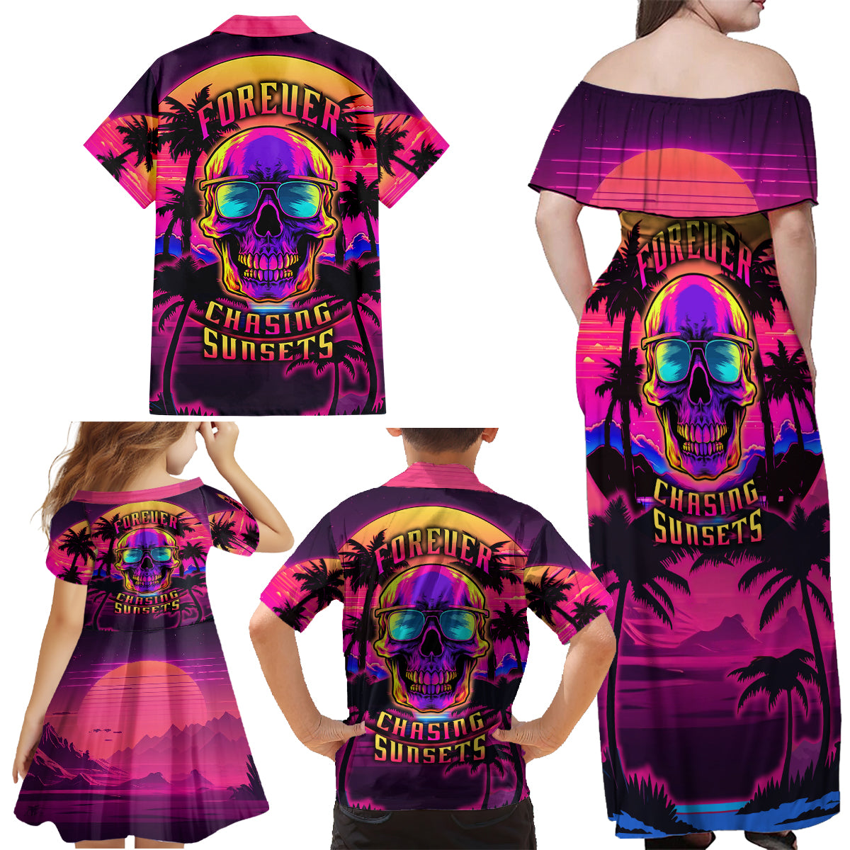 Foreuer Chasing Sunsets Skull Family Matching Off Shoulder Maxi Dress and Hawaiian Shirt - Wonder Print Shop