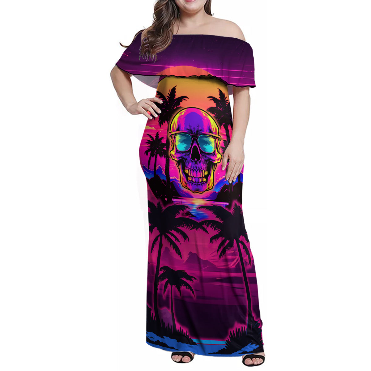 Foreuer Chasing Sunsets Skull Family Matching Off Shoulder Maxi Dress and Hawaiian Shirt - Wonder Print Shop