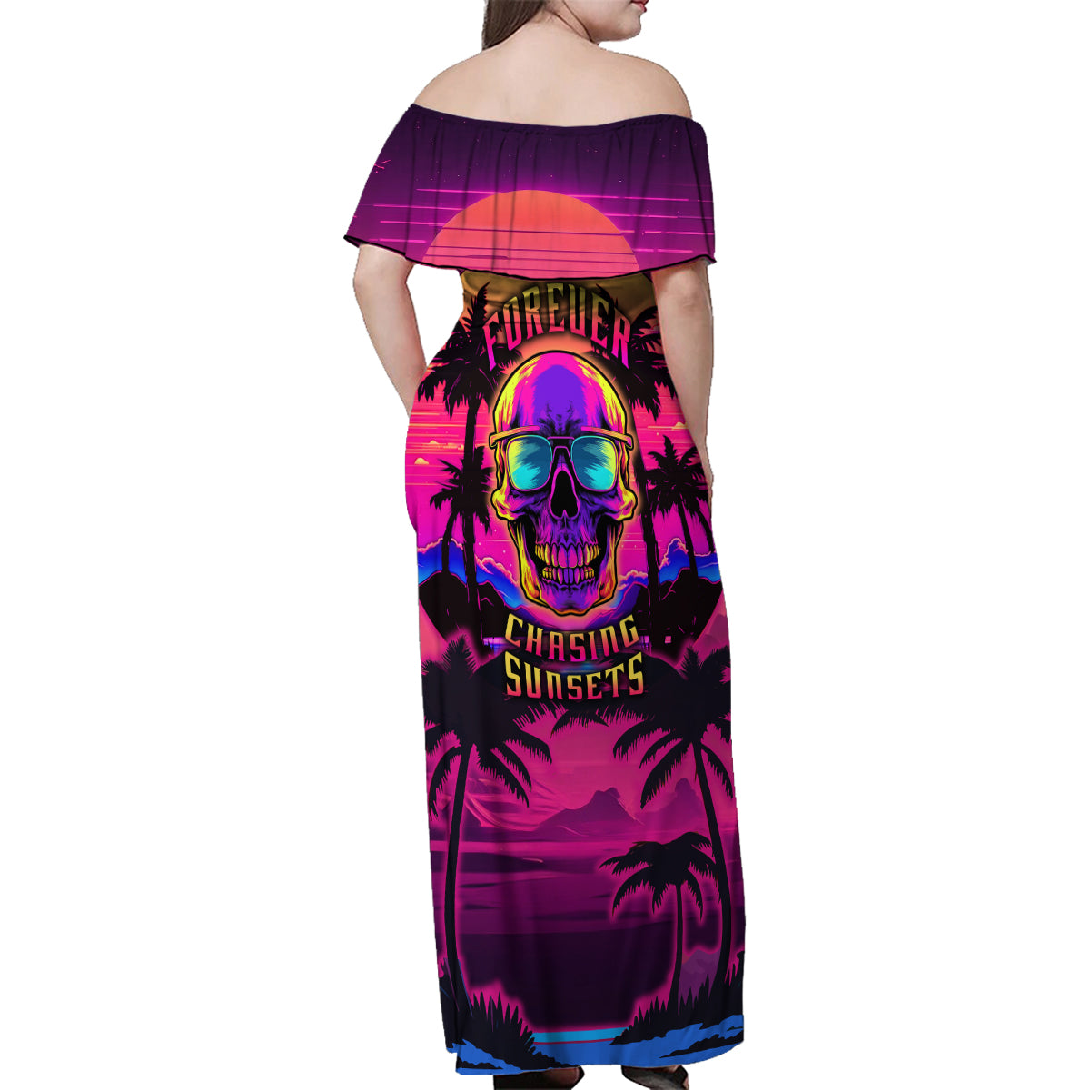 Foreuer Chasing Sunsets Skull Family Matching Off Shoulder Maxi Dress and Hawaiian Shirt - Wonder Print Shop