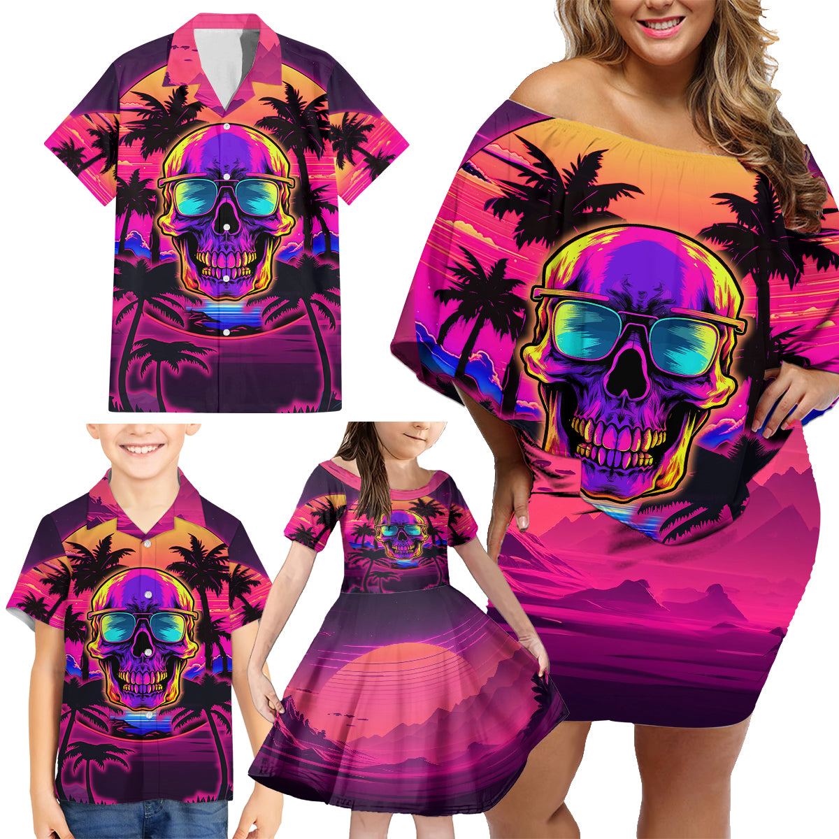 Foreuer Chasing Sunsets Skull Family Matching Off Shoulder Short Dress and Hawaiian Shirt - Wonder Print Shop