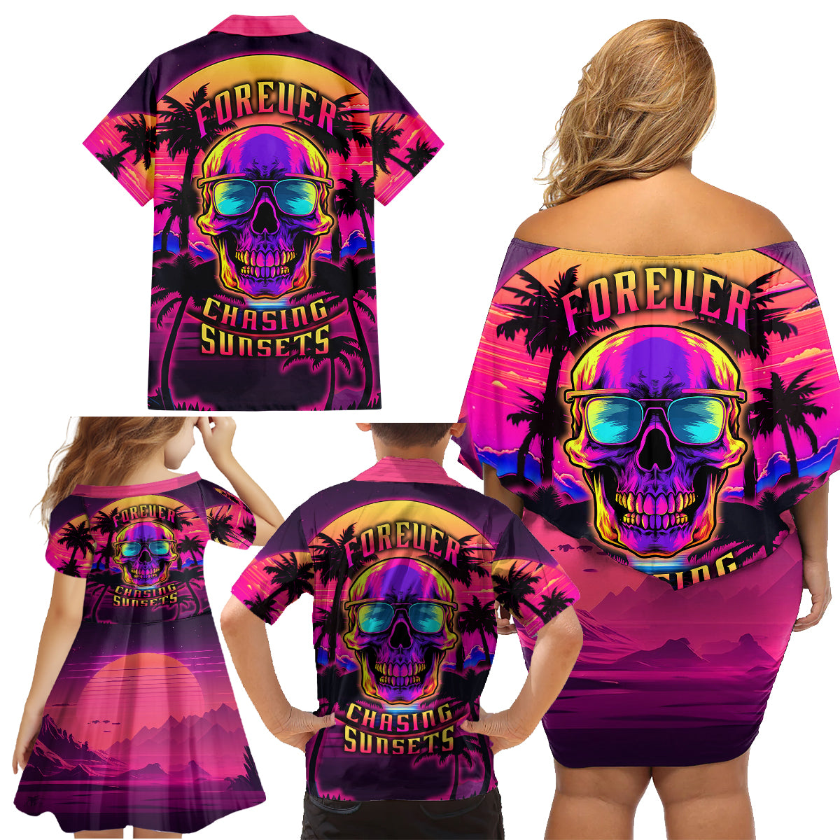 Foreuer Chasing Sunsets Skull Family Matching Off Shoulder Short Dress and Hawaiian Shirt - Wonder Print Shop