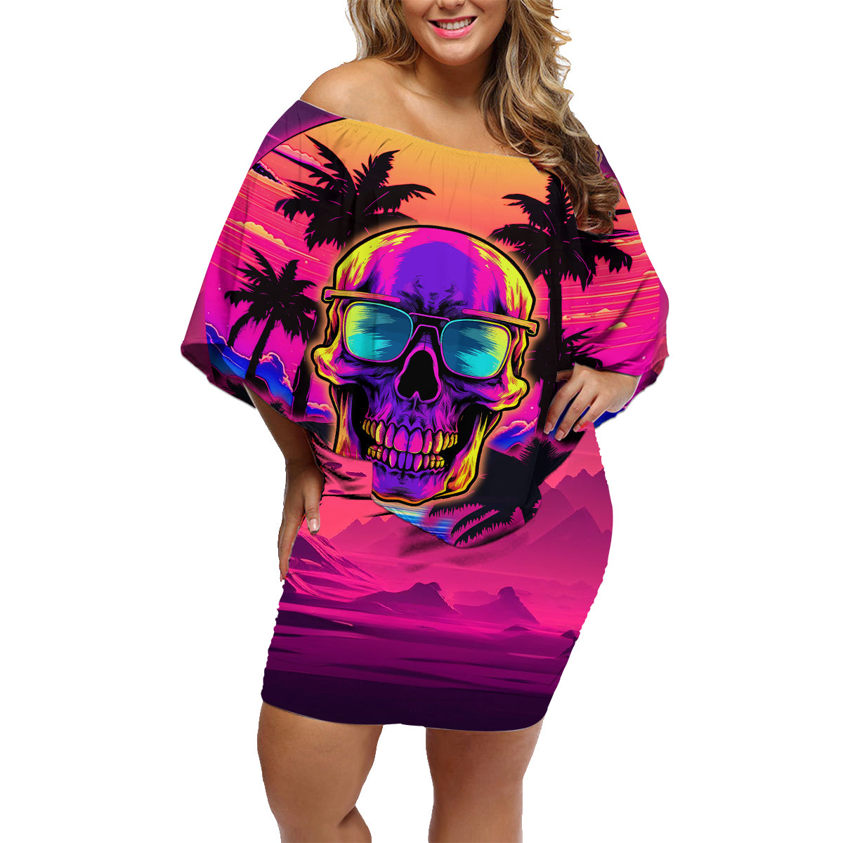 Foreuer Chasing Sunsets Skull Family Matching Off Shoulder Short Dress and Hawaiian Shirt - Wonder Print Shop