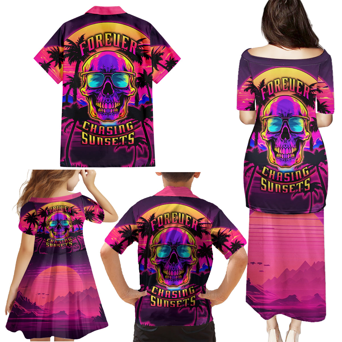 Foreuer Chasing Sunsets Skull Family Matching Puletasi Dress and Hawaiian Shirt - Wonder Print Shop