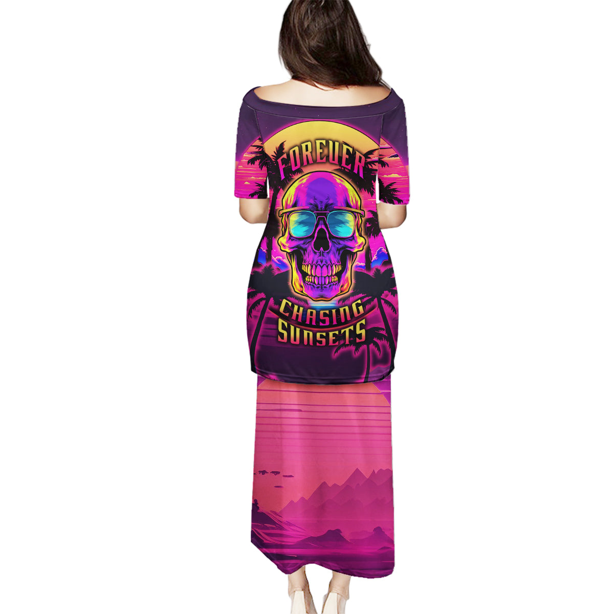 Foreuer Chasing Sunsets Skull Family Matching Puletasi Dress and Hawaiian Shirt - Wonder Print Shop