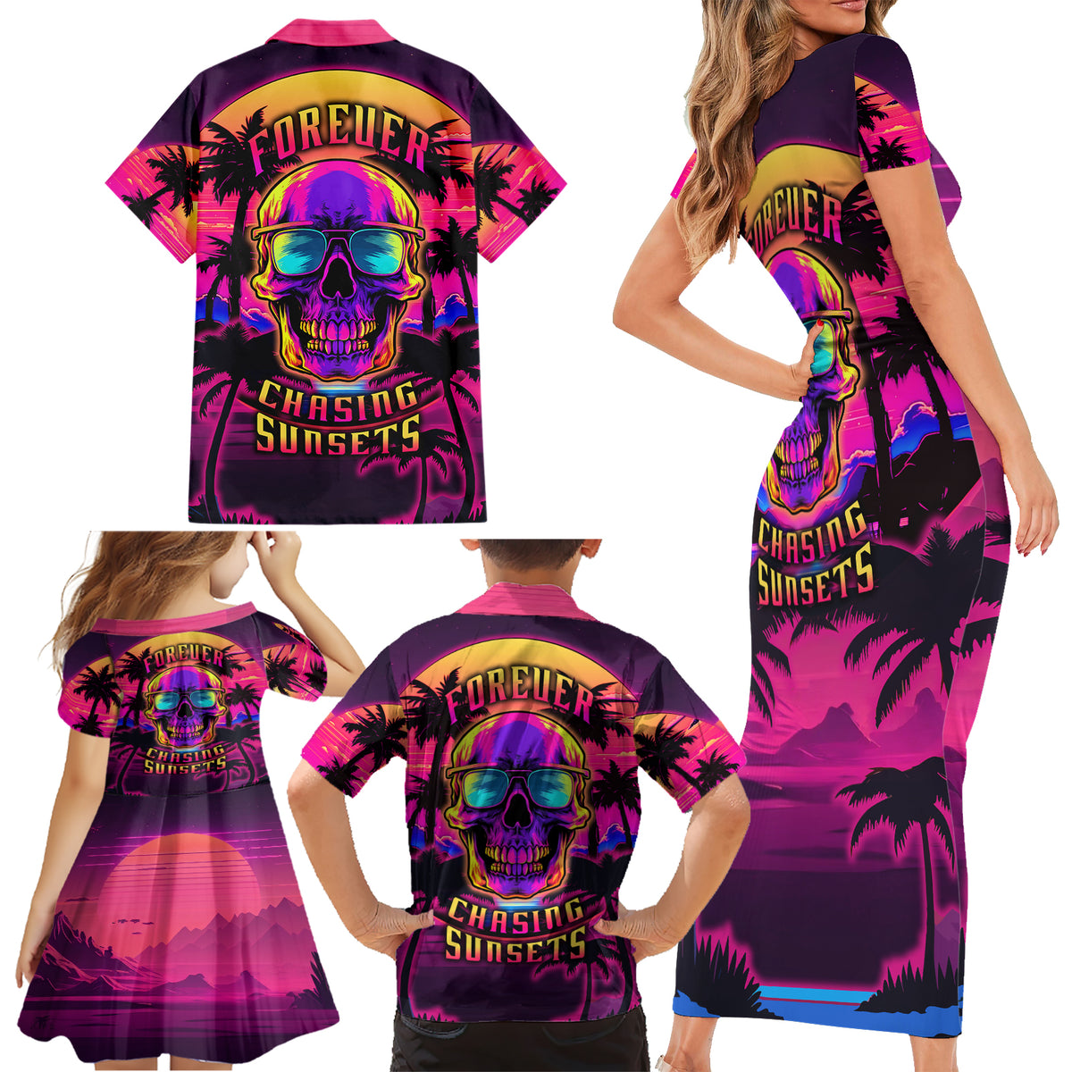 Foreuer Chasing Sunsets Skull Family Matching Short Sleeve Bodycon Dress and Hawaiian Shirt - Wonder Print Shop